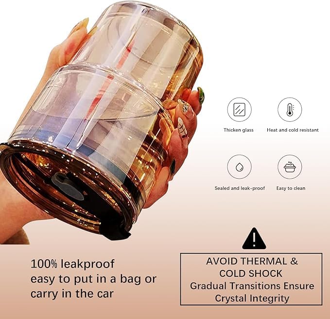 BLUEPOLAR 13oz/400ml Tumbler Water Glass, Cups with Straw and Lid Sealed Carry on for Coffee, Iced Tea, Thick Wall Insulated Glass Cup（Amber 2-Pack）