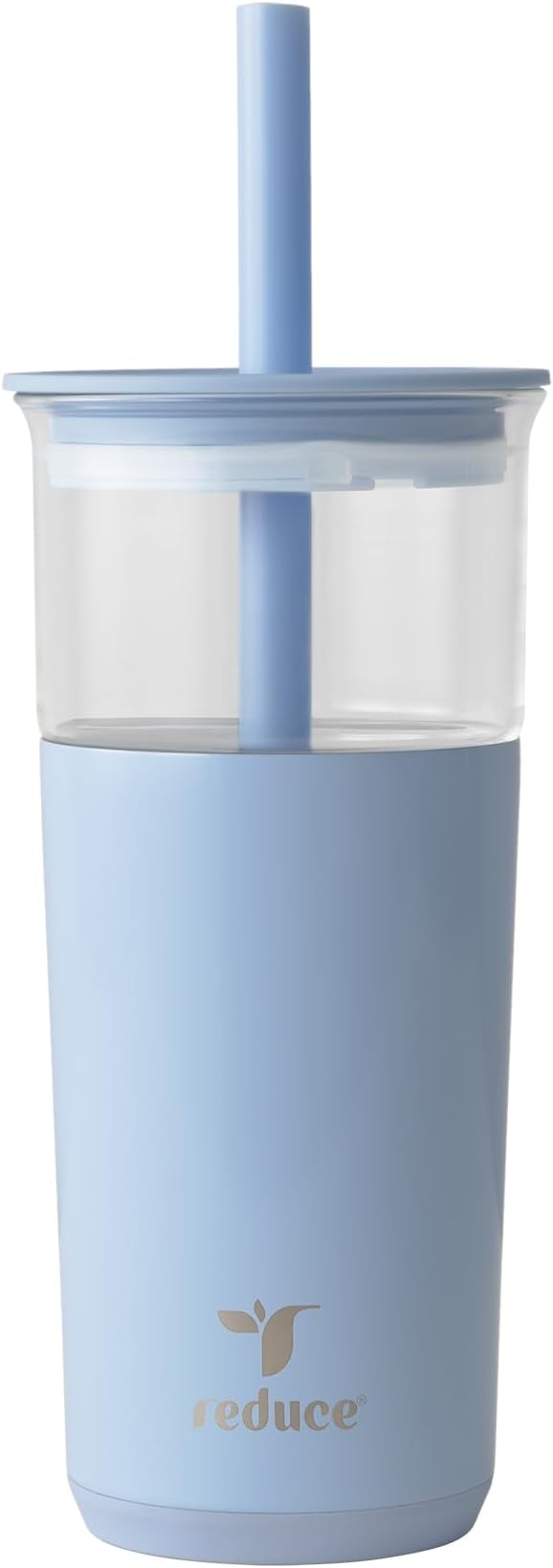 REDUCE Aspen 20 oz Vacuum Insulated Glass Tumbler with Lid & Extra Wide Straw - Keeps Drinks Cold for 12 Hrs - Ideal for Iced Coffee, Smoothies & Boba - Dishwasher Safe, Soft Base - Glacier