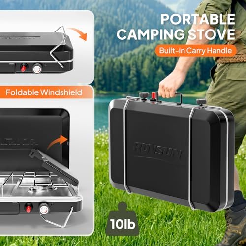 ROVSUN 2 Burner Portable Camping Stove with Igniter, 20000 BTU Propane Camp Stove with Adapter, Built-in Handle & Foldable Wind Panel for Outdoor Camping, Tailgating, Grilling