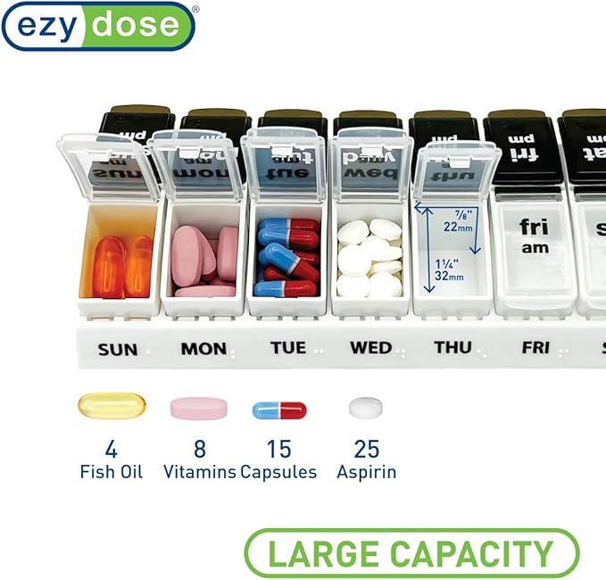 EZY DOSE Weekly Daily AM/PM Pill Case, Medicine Planner, Vitamin Organizer