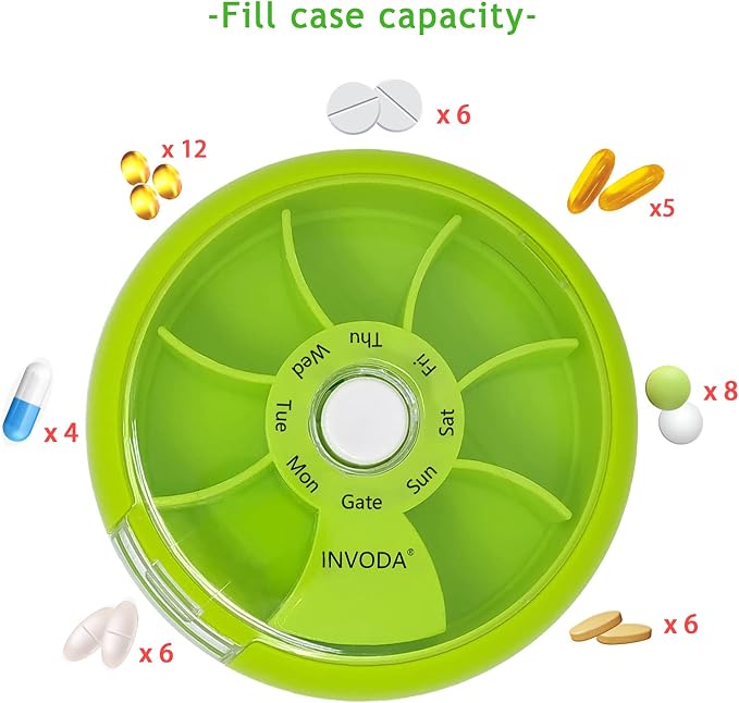 INVODA Weekly Pill Organizer 7 Compartment Rotating Pill Box