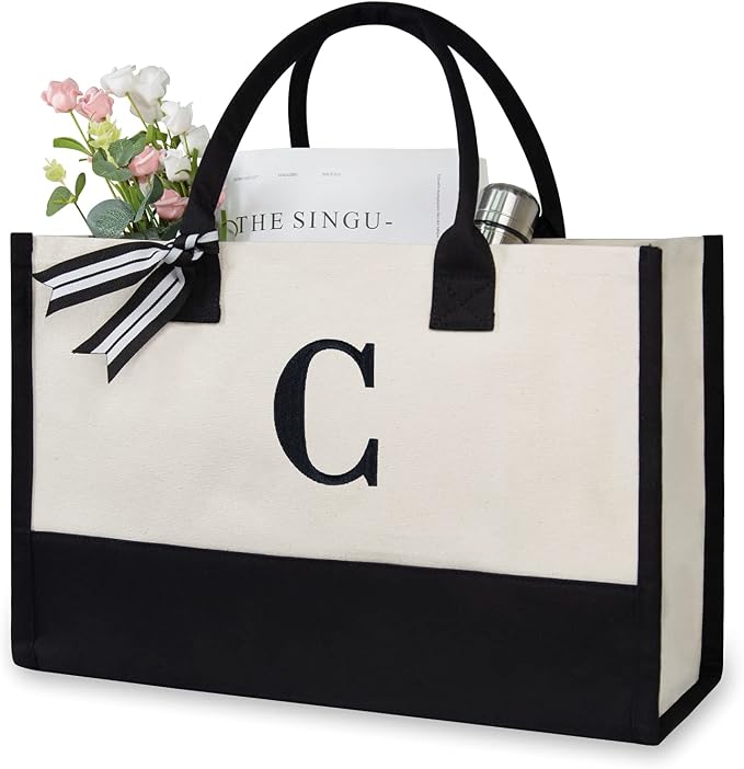 TOPDesign Embroidery Initial Canvas Tote Bag, Personalized Present Bag