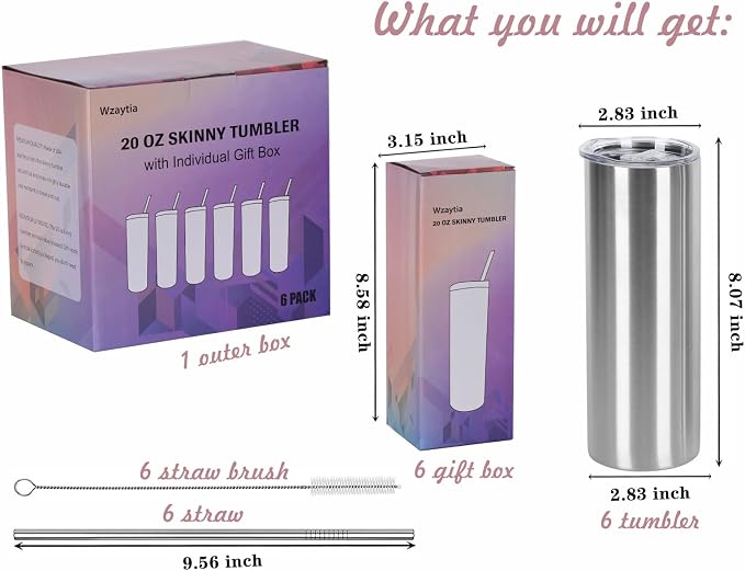 6 Pack 20 Oz Straight Skinny Tumblers,Individually Gift Boxed Stainless Steel Slim Skinny Tumbler Set Bulk, 20 Oz Insulated Slim Thin Travel Tumbler Cup for Diy, Silver