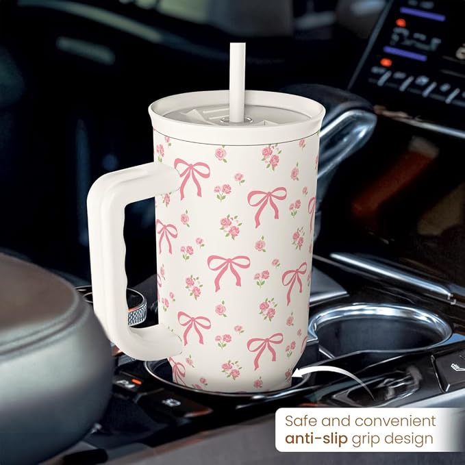 Bow Tumbler with Handle 40oz, Stainless Steel Insulated Tumblers Coffee Travel Cup with Slider Straw Lid, Gifts for Women Teen Girls Birthday