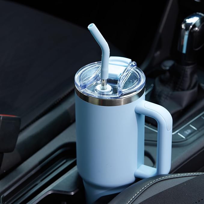 40 oz Tumbler with Handle and Straw Lid,Insulated Reusable Stainless Steel Water Bottle Travel Mug，Cupholder Friendly Double Wall Vacuum Sealed Cup (Sky Blue)
