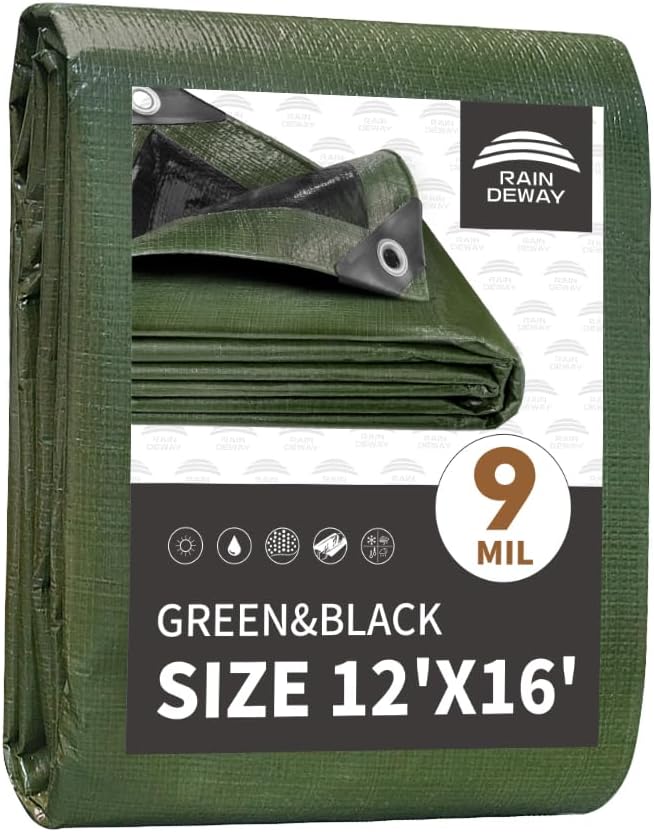 12x16 Feet Tarp Waterproof, 9Mil Thick, Finished Size Tarps, UV Resistant