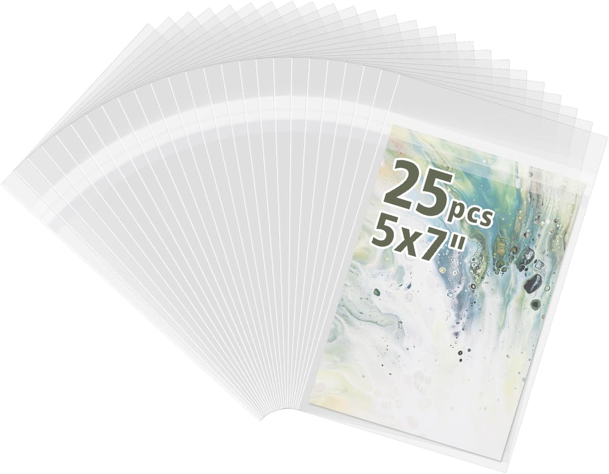Frametory, 25 Pack 5 1/4" x 7 1/8" Acid-Free Clear Plastic Bags, Self Seal Crystal Photo Sleeves for 5X7 Art Prints, Pictures & Framing Mat Mattes