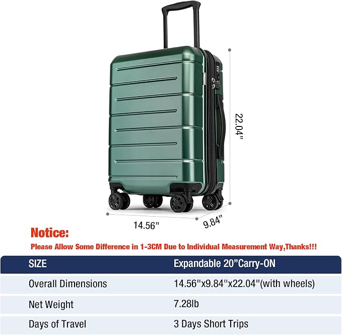 KYME Green Carry On Luggage 22x14x9 Airline Approved Expandable 20 Inch