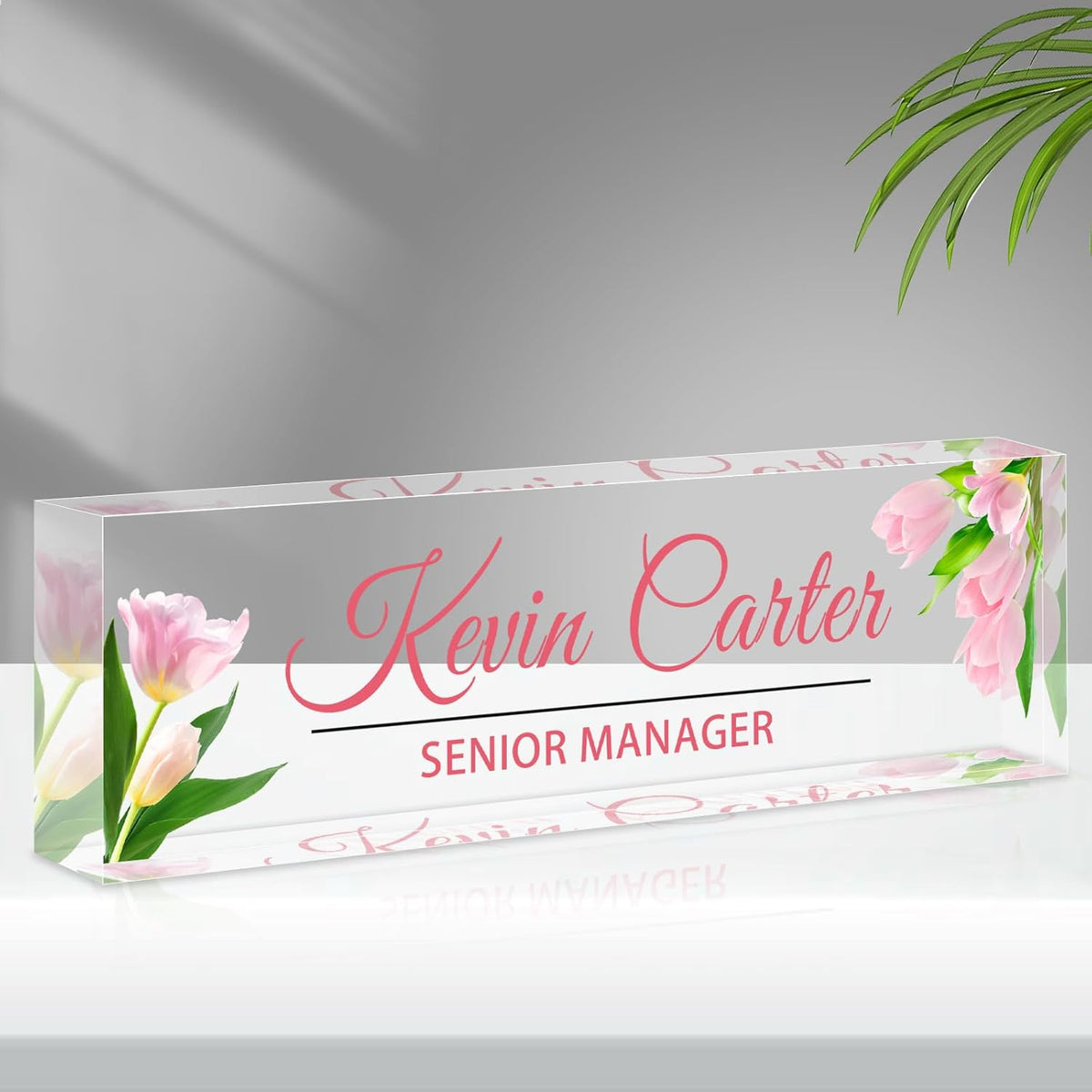 Name Plate for Desk Personalized, Acrylic Desk Decorations, Employee Appreciation Gifts, Custom Office Gifts for Coworkers, Boss, Teacher, Nurse (Pink Tulips)