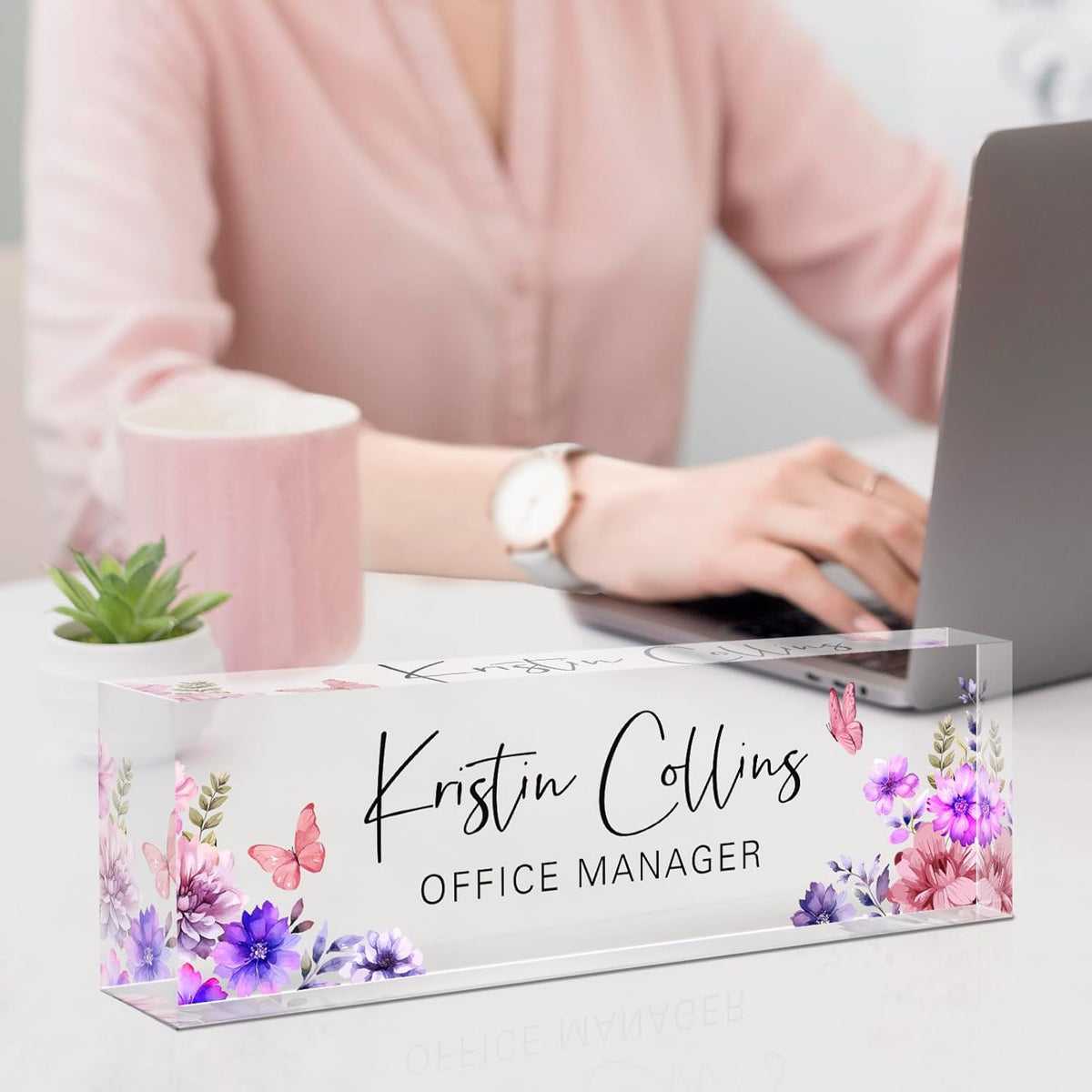 Custom Name Plate for Desk, Acrylic Office Decor For Women Men, Personalized Office Desk Accessories, Teacher Employee Appreciation Gifts For Social Worker Boss Coworkers (Purple Flower-3)