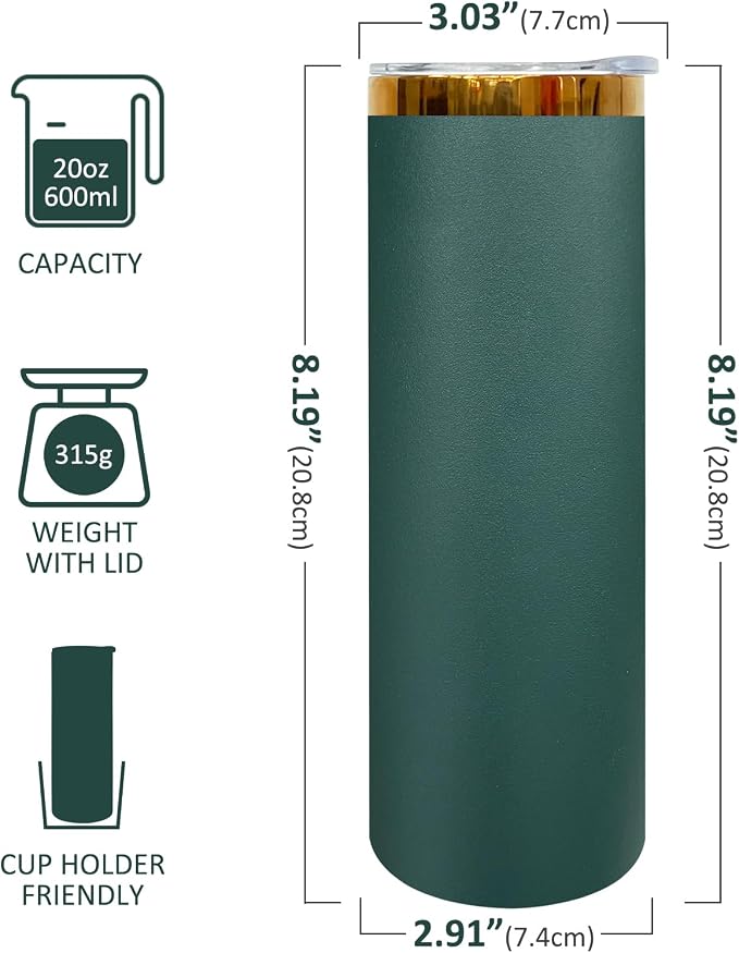 20 oz Skinny Tumblers Stainless Steel Tumbler with Lid and Straw Double Wall Vacuum Insulated Coffee Mug 20oz Powder Coated Cup for Hot and Cold Drinks(Green,4 pack)