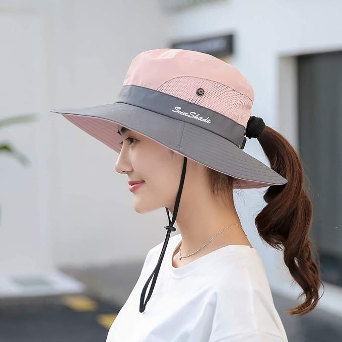 ZOORON Women's Ponytail Safari Sun Hat, Wide Brim UV Protection Outdoor Bucket