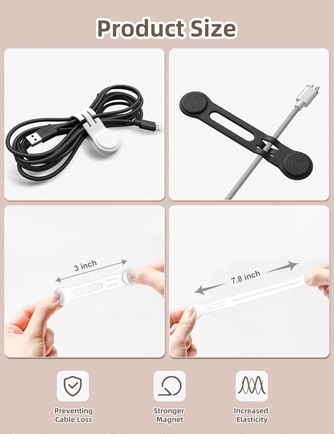 Kanemc 8-Pack Magnetic Cable Ties, Magnet Cord Wraps Reusable Silicone Cable