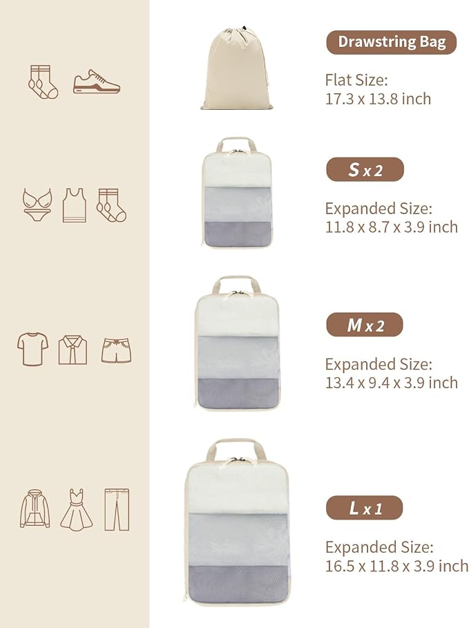 ECOHUB 6 Set Compression Packing Cubes, Lightweight Beach Vacation Travel