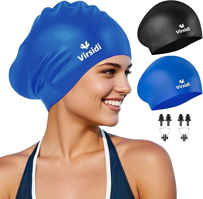 2 Pack Swim Cap for Women Men Adult, Silicone Swimming Caps for Short Long Hair, Waterproof Swim Hats Bathing Caps to Keep Hair Dry with Nose Clip and Earplugs