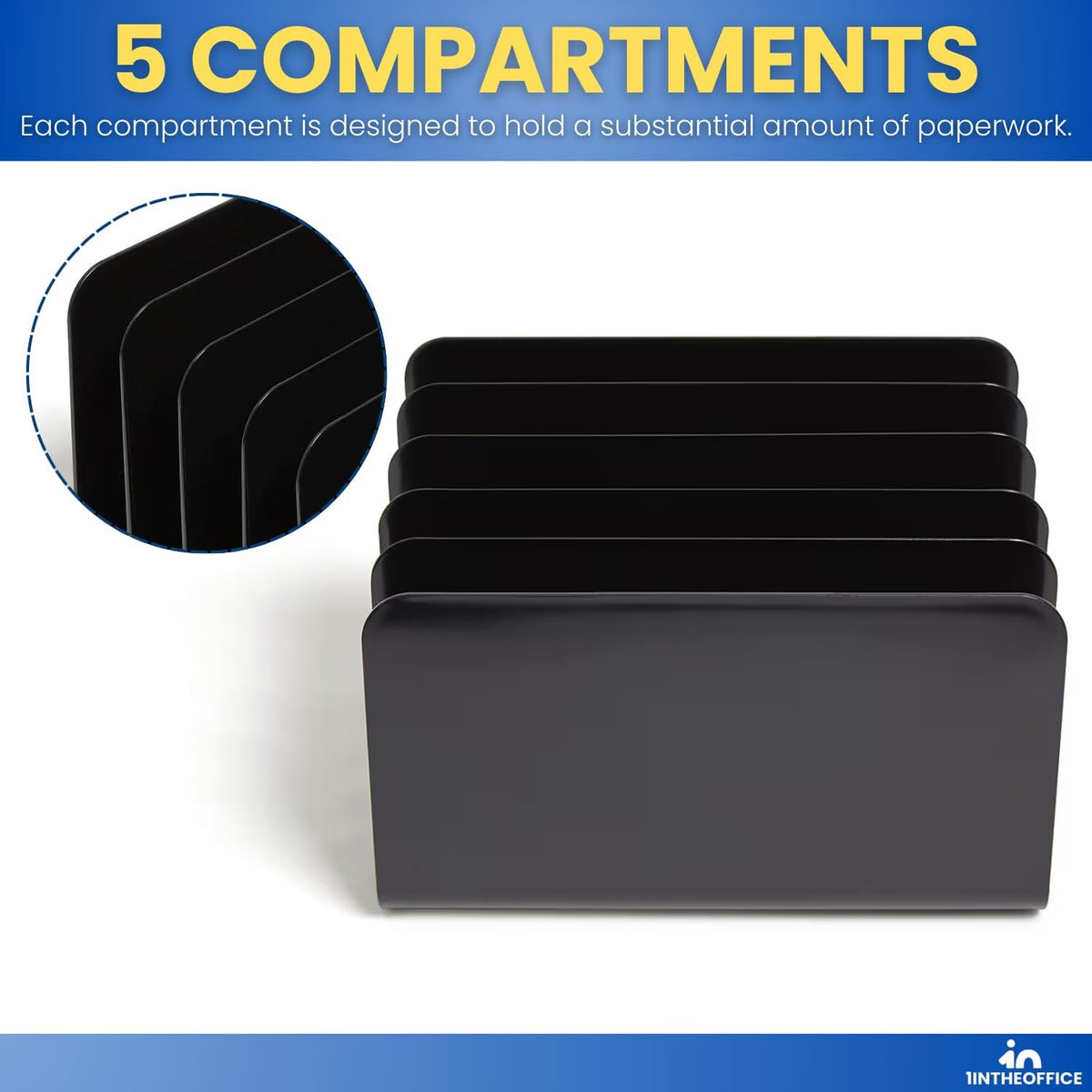 1InTheOffice Inclined File Organizer Desktop, Desk Organizer File Sorter, Plastic Incline Desktop File Sorter, 5 Compartments, Black