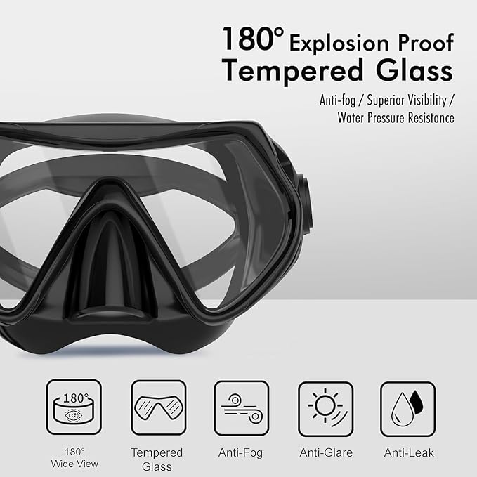 Snorkeling Gear for Adults, JRing Snorkel Mask Set with 180 Degree Tempered Glass Anti Fog Goggles Scuba Dry Top Snorkel for Swimming, Scuba Diving Mask for Men Women