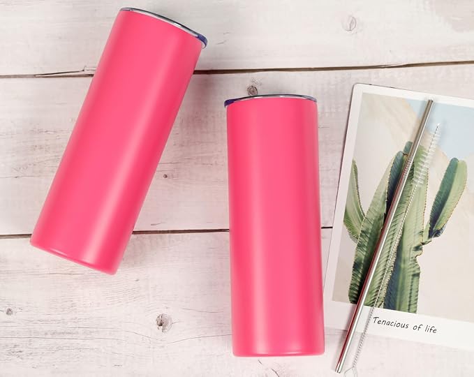4 Pack 20 Oz Straight Skinny Tumblers,Individually Gift Boxed Stainless Steel Slim Skinny Tumbler Set Bulk, 20 Oz Insulated Slim Thin Travel Tumbler Cup for Diy,Hot Pink