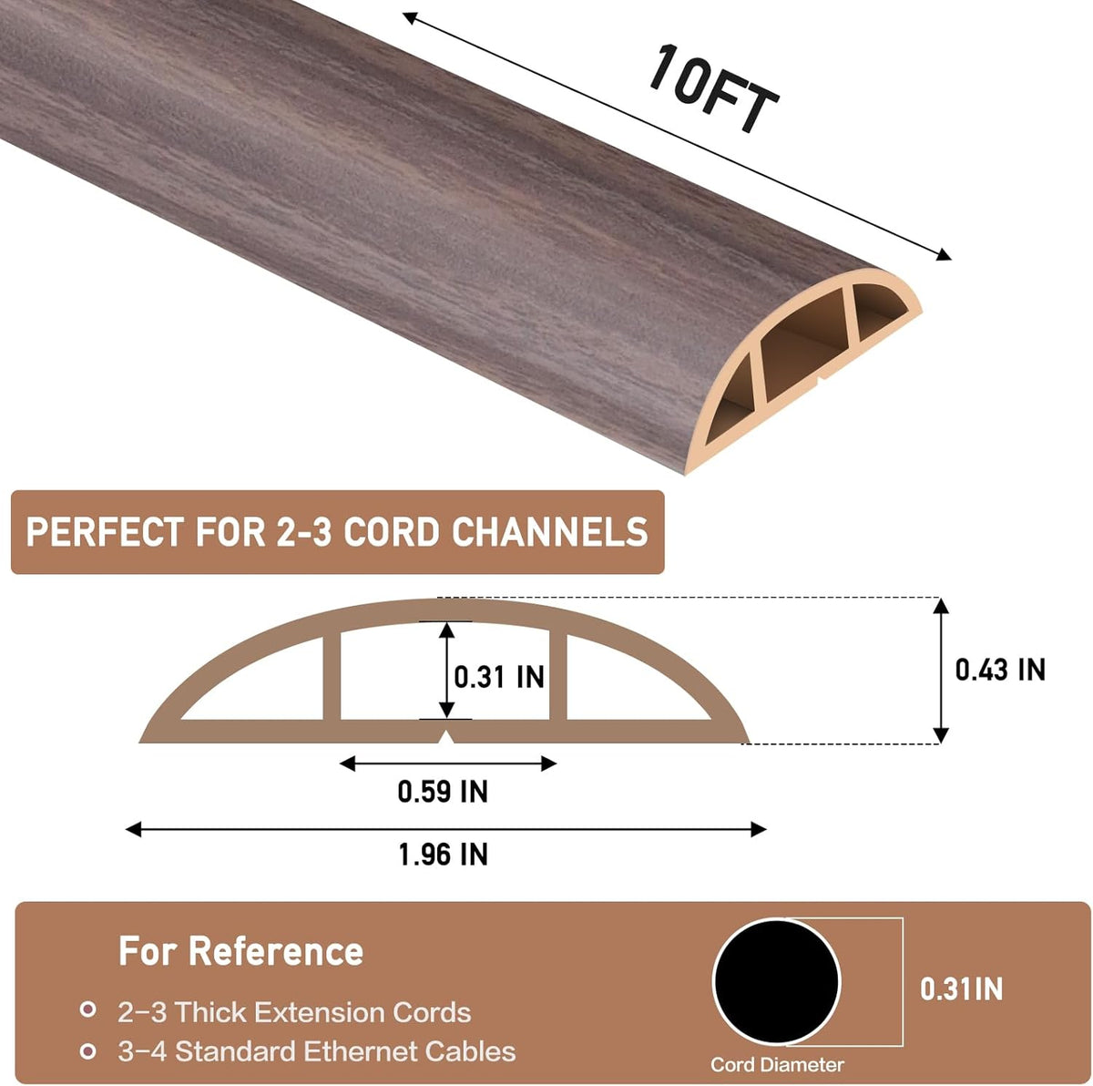 Floor Cord Cover Self Adhesive Cord Hider Floor Extension Cord Covers for Floor Power Cord Protector Cable Management Prevent Cable Trips Cable Cavity 0.59" W x 0.31" H (Brown Walnut Wood, 10Ft)