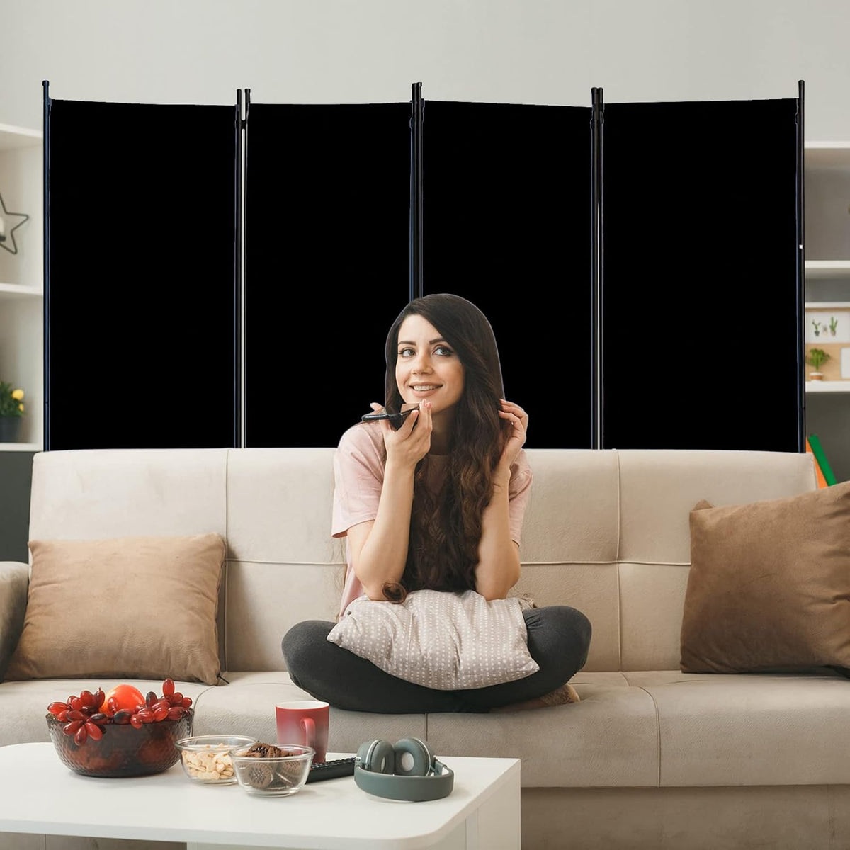 Room Divider 4 Pane 88''W Partition Room Dividers and Folding Privacy Screens Wall Divider for Room Separation, Freestanding Fabric Room Divider Panel