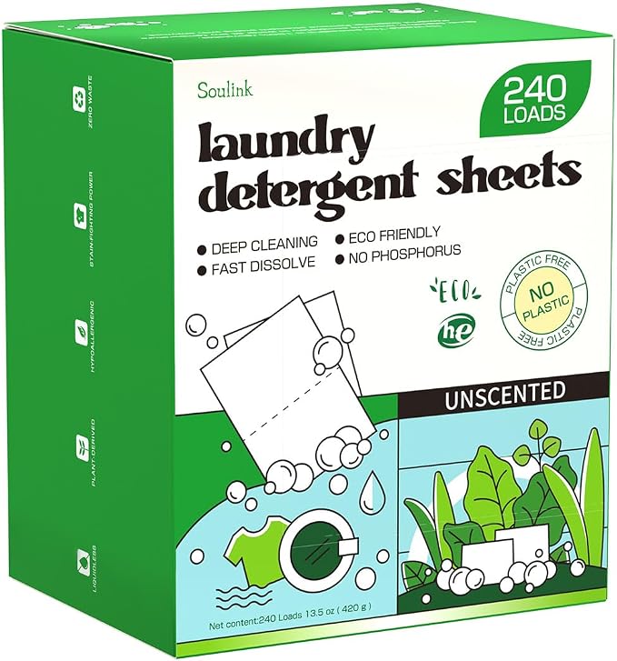 Soulink Laundry Detergent Sheets Unscented 240 Loads，Eco Friendly Detergent