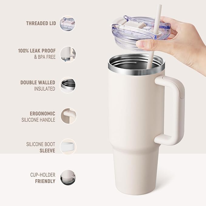 COKTIK 40 oz Tumbler With Handle and Straw, Insulated Tumbler With Leakproof Lids, Stainless Steel|BPA-Free, Cold for 24 H (Beige)