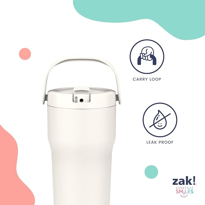 Zak Designs Sutton Travel Tumbler for On the Go, 30oz Stainless Steel with Vacuum Insulation, Straw Spout, Carry Handle for Cold Drinks (Icicle Mint Green)
