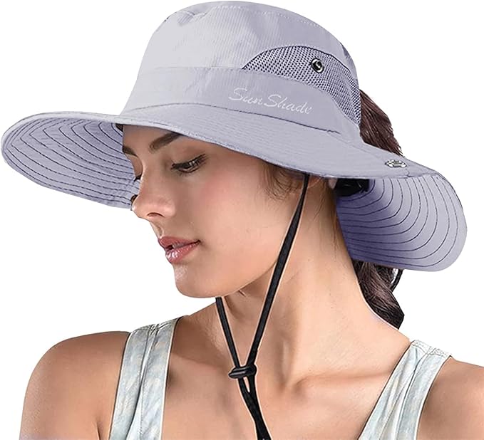 ZOORON Women's Ponytail Safari Sun Hat, Wide Brim UV Protection Outdoor Bucket