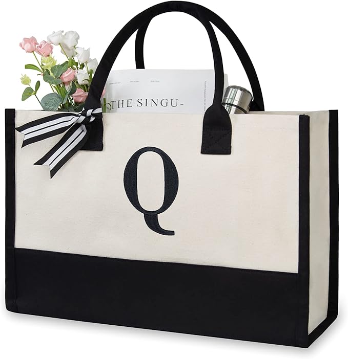 TOPDesign Embroidery Initial Canvas Tote Bag, Personalized Present Bag