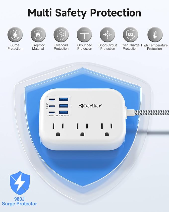 Short Extension Cord 2 Foot- 6 USB Travel Power Strip