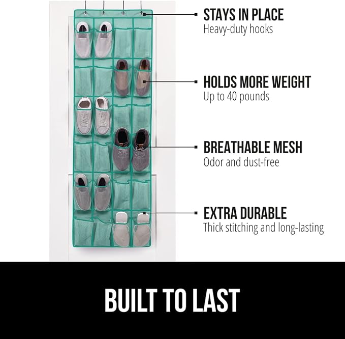 GORILLA GRIP Over the Door Shoe Organizer, 24 Large Breathable Mesh Pockets