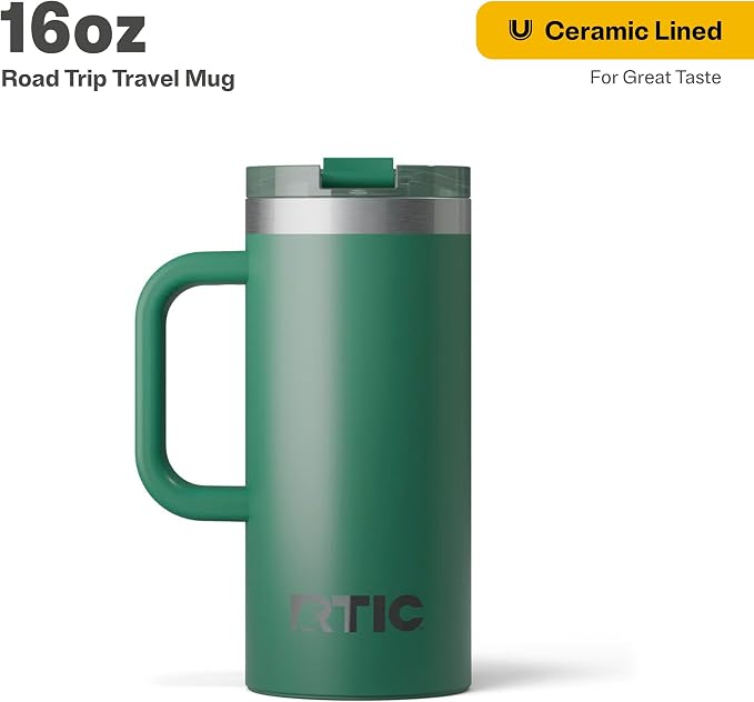 RTIC 16oz Road Trip Travel Mug with Lid and Handle, Ceramic Lined, Insulated, Stainless Steel, Metal, Double Wall Vacuum-Insulation, Portable Coffee, Tea Cup for Hot and Cold Drink, Pine Tree