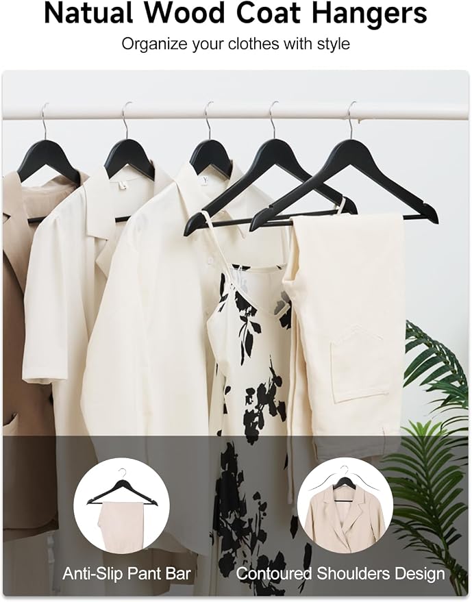 StorageWorks Black Wooden Hangers, 30 Pack Wood Hanger