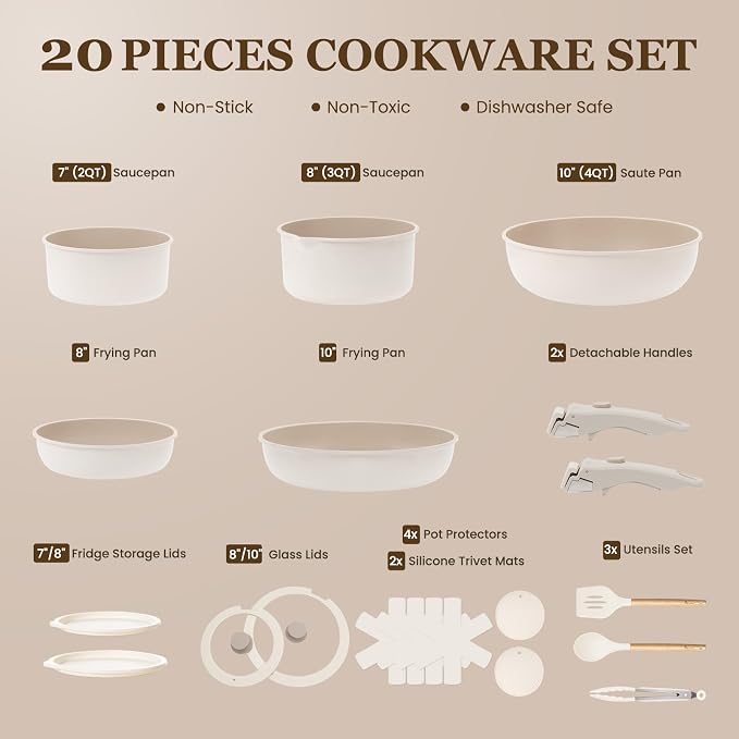 KIKCOIN Ceramic Cookware Set, 20 Pack Nonstick Pots and Pans Set