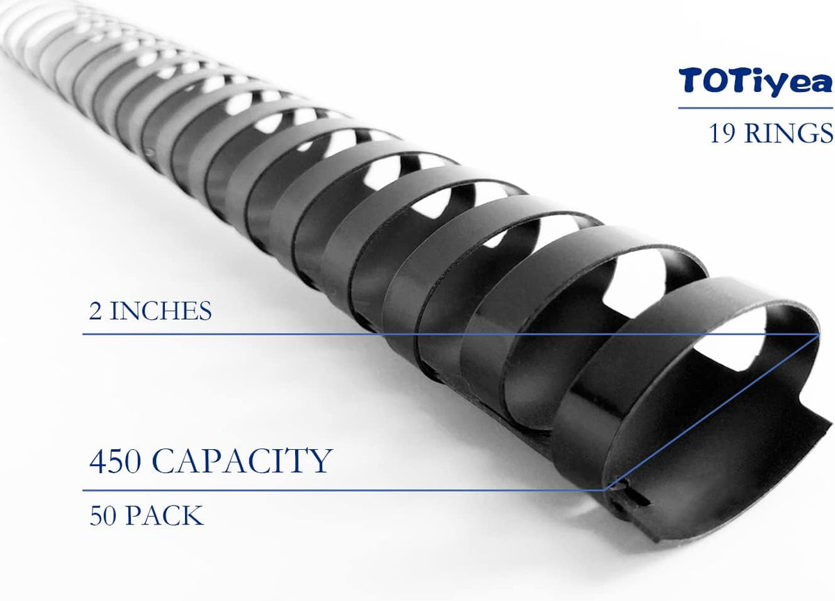 TOTiyea 50 Pack 19 Ring Plastic Binding Combs, 2 Inch Diameter, 450 Sheet Capacity, Letter Size, Black Comb Binding Spines