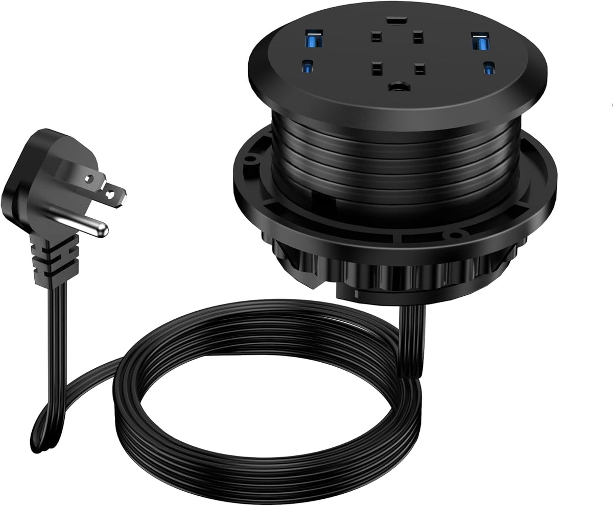 3 inch Desktop Power Grommet with PD 20W USB C,Furniture Recessed Power Strip,2 Outlets,4 USB Ports,40W Total,Flush-Mount for Desktop, Workspace Essential Desk Outlet (Black, 3 FT Cable)