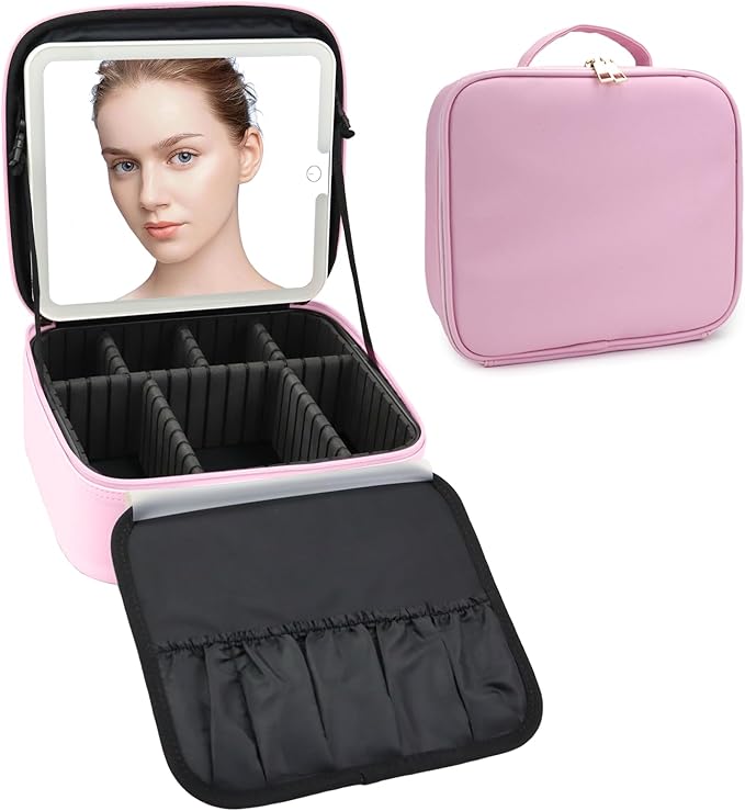 Travel Makeup Bag with LED Mirror Travel Makeup Organizer with 3 Lighted