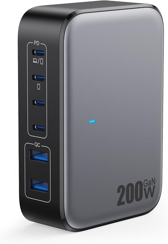 USB C Charger 200W USB Charging Block, 6 Ports GaN IV Foldable Wall Charger
