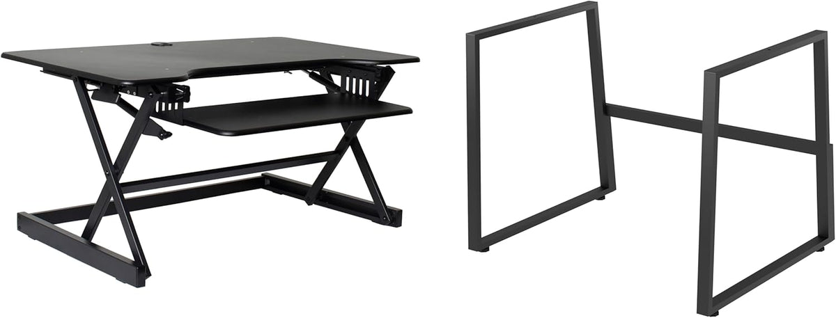 Rocelco 40" Large Height Adjustable Standing Desk with AC Outlet USB Charger and Floor Stand BUNDLE - Tall Dual Monitor Riser Computer Workstation - Keyboard Tray - Black (R DADRB-40-ACUSB-FS2)