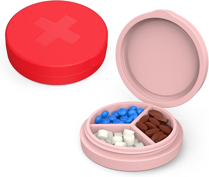 2 Pack Small Pill Box, 3 Compartment Round Silicone Travel Pill Box