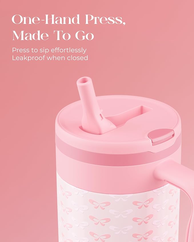 40 oz Insulated Tumbler with Handle and Push-Button Straw Lid, Stainless Steel Travel Cup for Gym Office, Leakproof, BPA-Free, Cup Holder Friendly, Bow Silicone Boot, Pink (Coquette Blush)