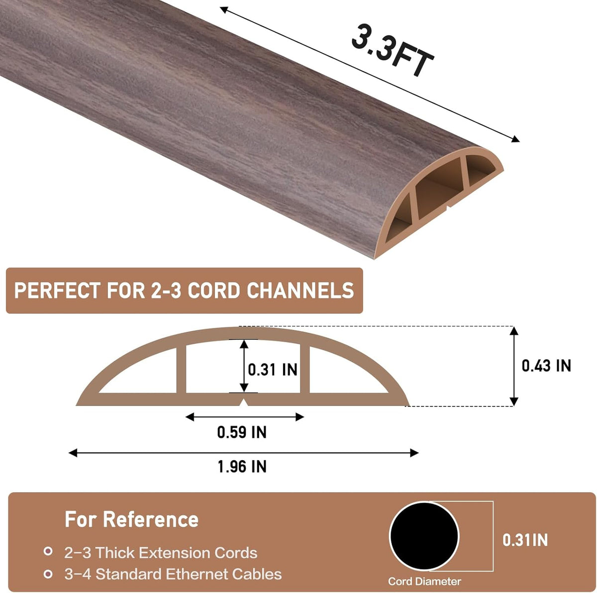 Floor Cord Cover Self Adhesive Cord Hider Floor Extension Cord Covers for Floor Power Cord Protector Cable Management Prevent Cable Trips Cable Cavity 0.59" W x 0.31" H (Brown Walnut Wood, 3.3Ft)