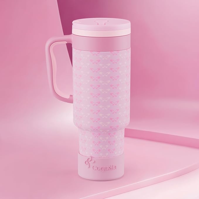 40 oz Insulated Tumbler with Handle and Push-Button Straw Lid, Stainless Steel Travel Cup for Gym Office, Leakproof, BPA-Free, Cup Holder Friendly, Bow Silicone Boot, Pink (Coquette Candy)