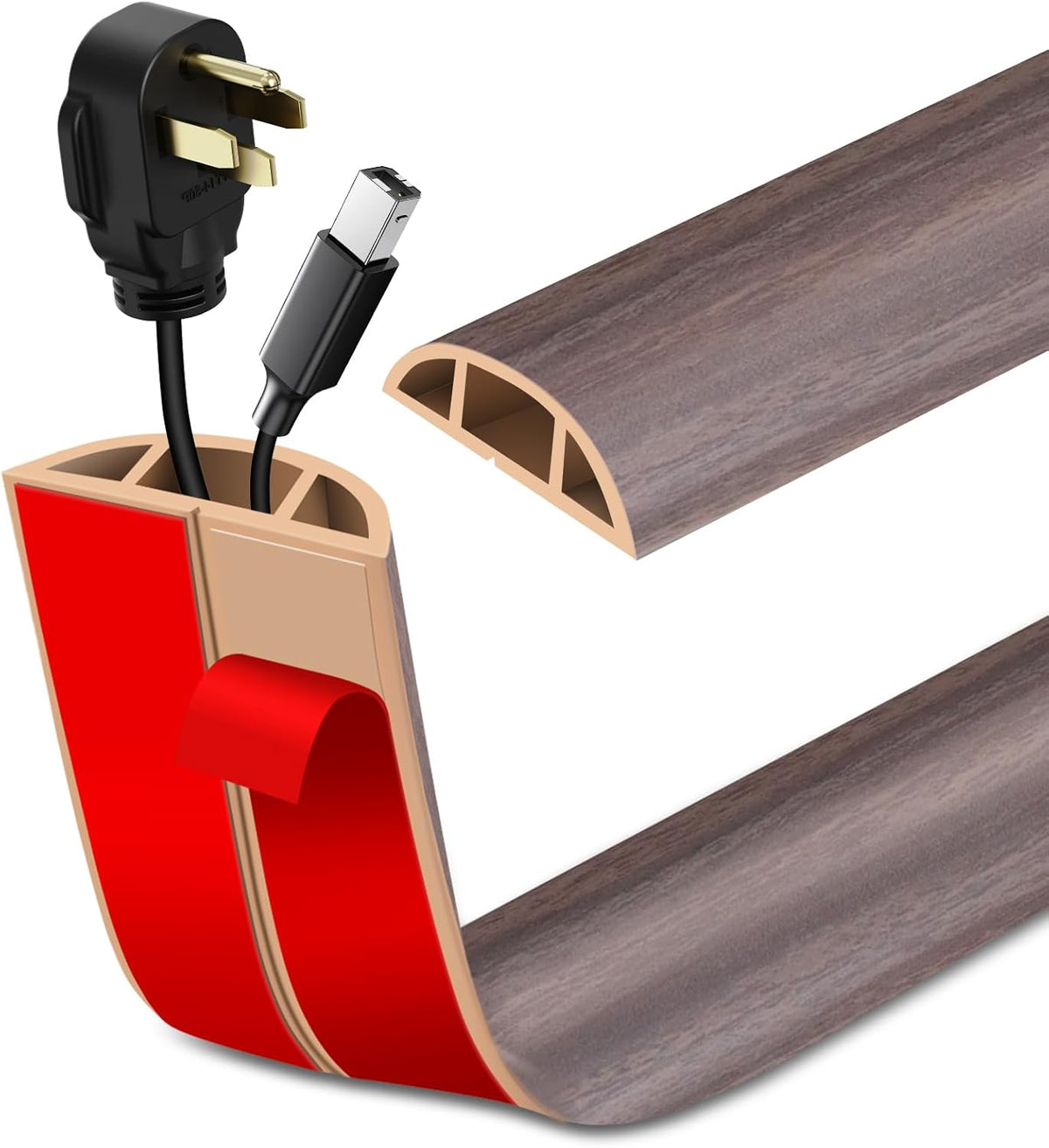 Floor Cord Cover Self Adhesive Cord Hider Floor Extension Cord Covers for Floor Power Cord Protector Cable Management Prevent Cable Trips Cable Cavity 0.59" W x 0.31" H (Brown Walnut Wood, 10Ft)