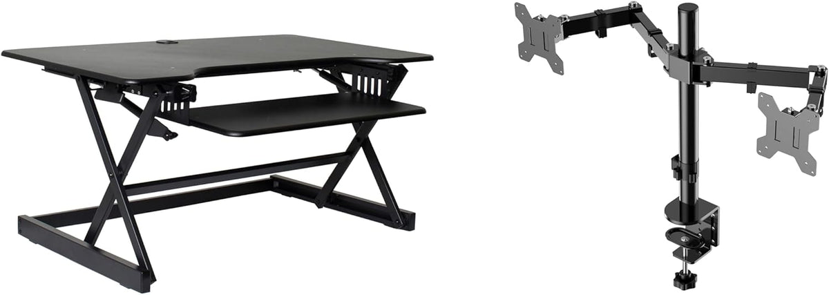 Rocelco 40" Large Height Adjustable Standing Desk Converter with Dual Monitor Mount BUNDLE - Quick Sit Stand Up Computer Workstation Riser - Retractable Keyboard Tray - Black (R DADRB-40-DM2)