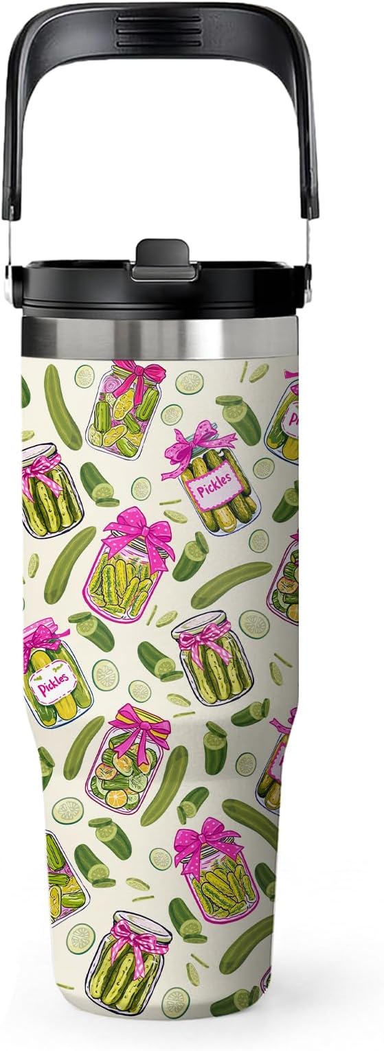 Pickle Tumbler 30oz - Pickle Themed Gifts for Adults, Stainless Steel Insulated Cup with Handle, Novelty Water Bottle for Pickles Lovers, Funny Kitchen Theme Present