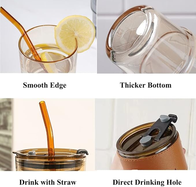 BLUEPOLAR 13oz/400ml Tumbler Water Glass, Cups with Straw and Lid Sealed Carry on for Coffee, Iced Tea, Thick Wall Insulated Glass Cup（Amber 2-Pack）