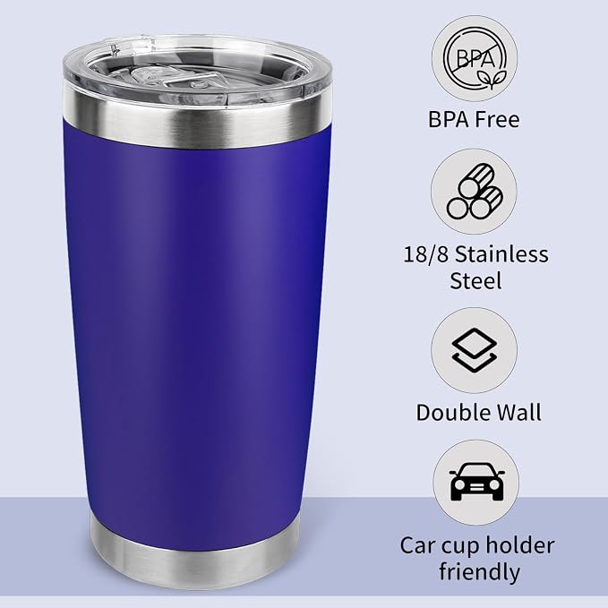 20oz Stainless Steel Tumbler Bulk with Lid, Travel Mug - Double Wall Vacuum Powder Coated Cup - Dark Blue, 6 Pack