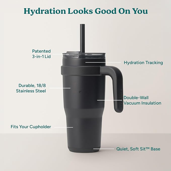 REDUCE 24 oz Stainless Steel Tumbler with Handle - Dual-Wall Vacuum Insulated Travel Mug, Sweat-Proof Lid & Reusable Straw - Keeps Drinks Cold for 24 Hrs, Fits Cupholders, Dishwasher Safe - Phantom