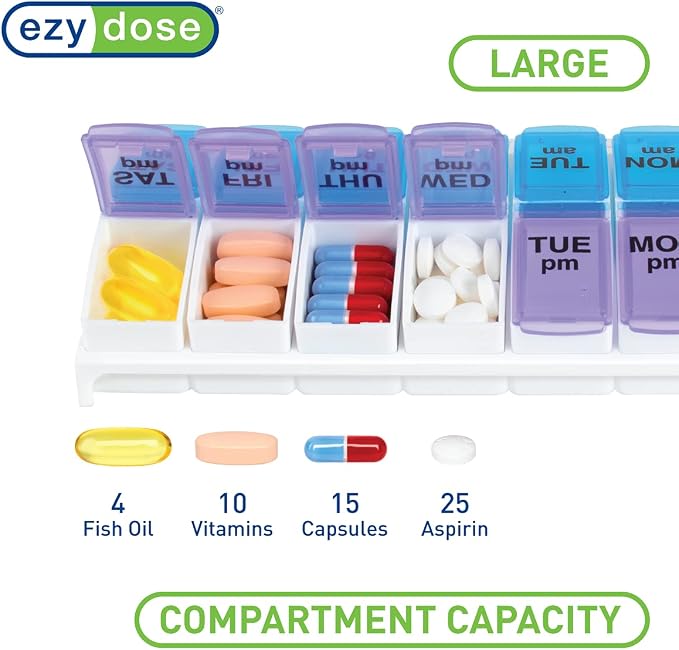 EZY DOSE Weekly AM/PM Pill Organizer, Vitamin and Medicine Box, Large Pop-out